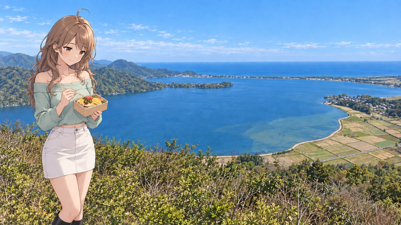 A spring afternoon overlooking Kumihama Bay, fields along the shore, and the long, narrow Shotenkyo sandbar with the Sea of Japan beyond. The woman wears a mint off-the-shoulder knit top and a white skirt and holds a lunch box of Tango barazushi and chopsticks.