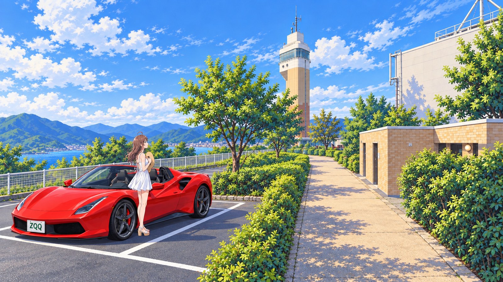 On an early-summer morning, a woman in a white sundress and sandals looks up at the tower, holding a straw hat against her chest. Her red car is parked in a marked space; a path runs beside a hedge, with Goro Sky Tower, the bay and mountains beyond.