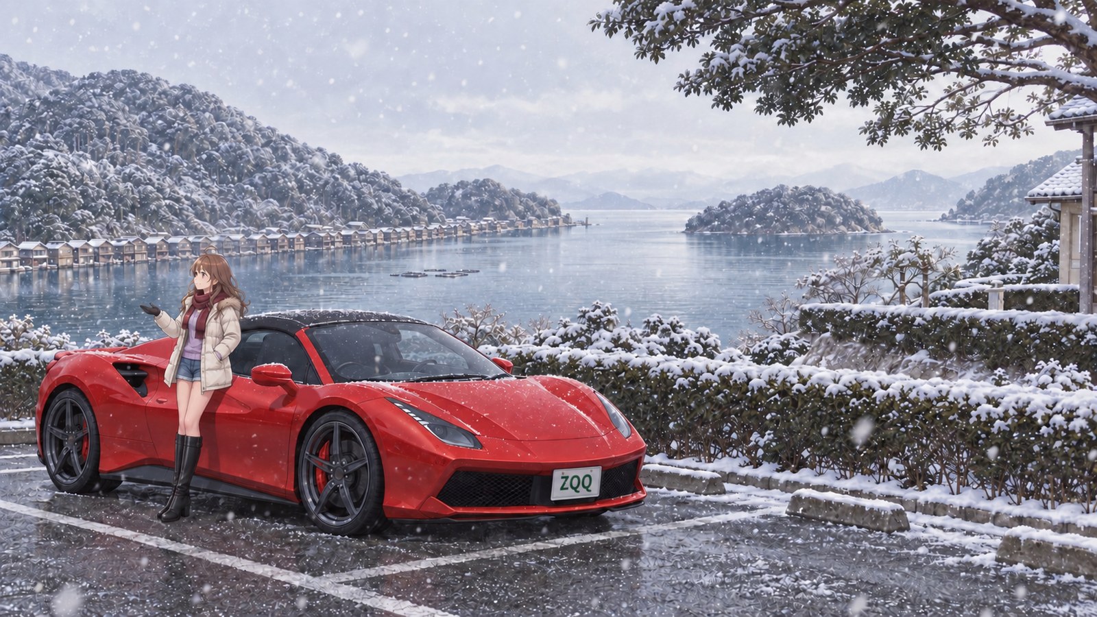 From a raised viewpoint, the rows of boathouses along Ine Bay sit beneath snowy mountains. The heroine stands beside a red convertible, smiling as she catches snow in her gloved hand.