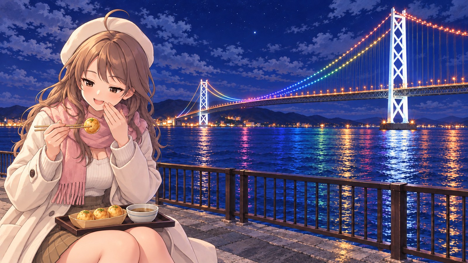 On the Maiko walkway, the heroine takes a mouthful of Akashiyaki while looking out at the illuminated Akashi Kaikyo Bridge.