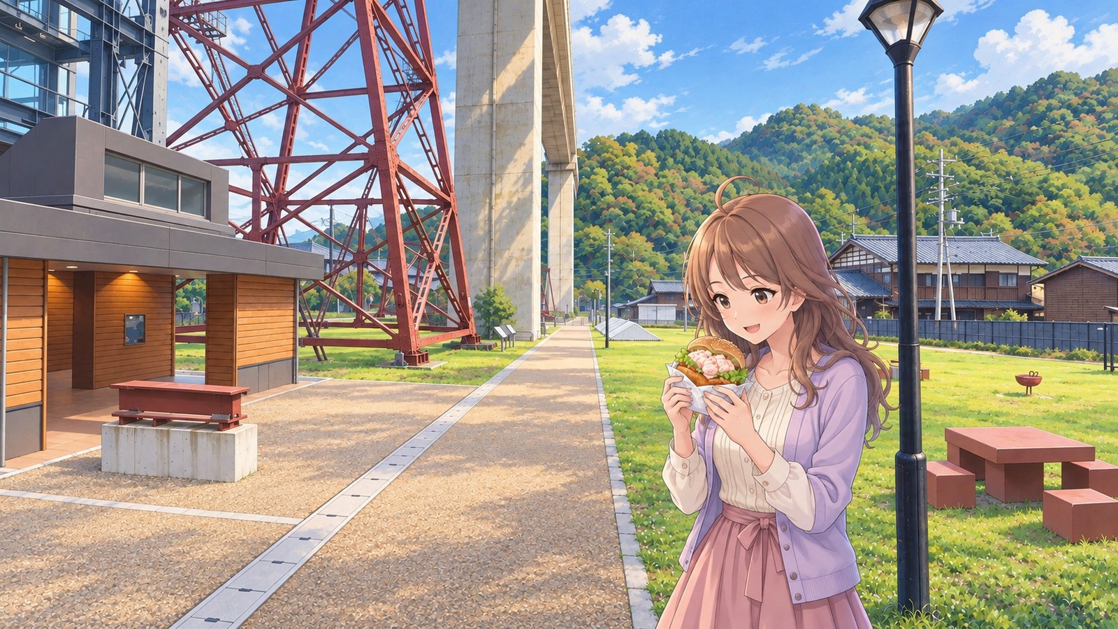 At midday in early autumn, the narrator holds a Kasumi crab burger in both hands, wearing a cream blouse, purple cardigan and pink skirt. The paths and lawn of Amarube’s ground-level park, red old bridge piers, current grey piers and a glass tower are visible