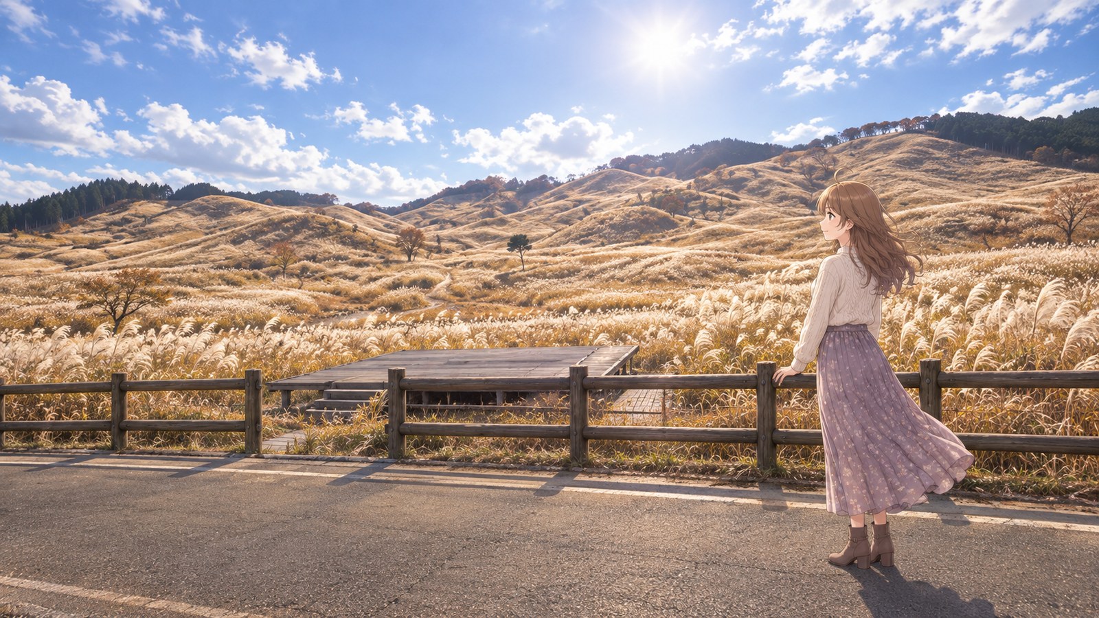 On an October afternoon, a woman in a cream cable-knit sweater, purple floral maxi skirt and brown ankle boots rests one hand on a wooden fence. Beyond her are hills covered in pampas grass, a low wooden observation deck, a path through the grassland and a grove of trees.