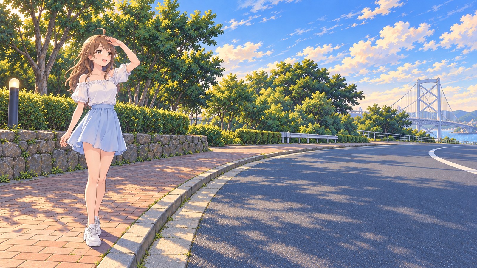 The heroine in a white off-the-shoulder blouse, pale blue flared skirt and white sneakers, shading her eyes on a spring afternoon. A brick-patterned footpath curves right past trees and a stone wall, with the white tower of the Ōnaruto Bridge visible in the distance.