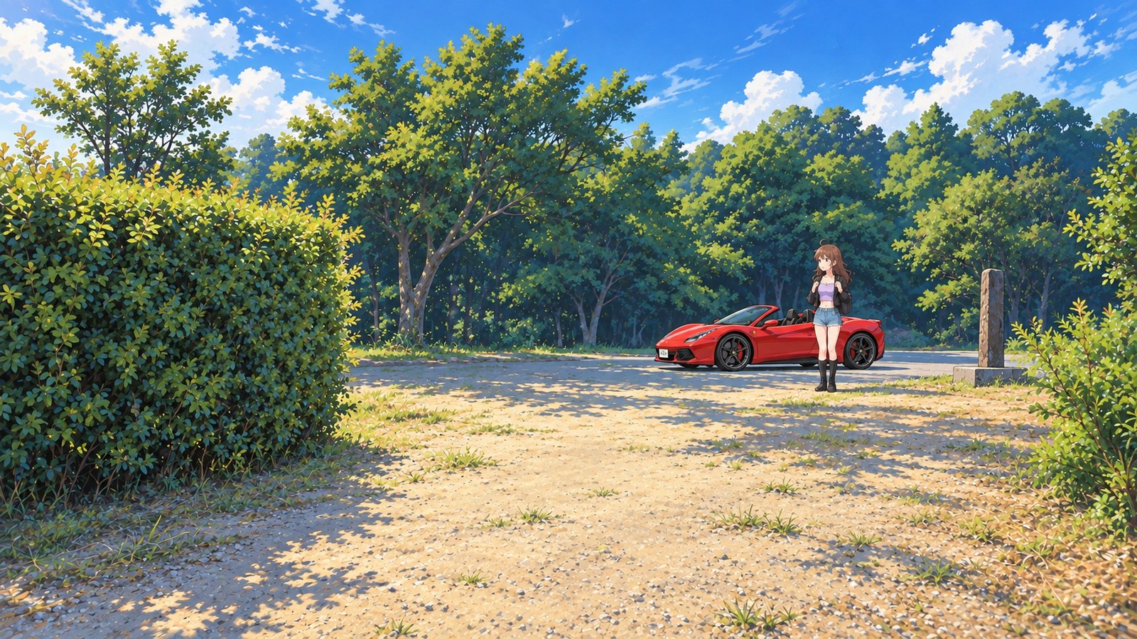A woman in a black jacket, lavender top, denim shorts, and tall boots stands beside a red convertible in a gravel car park surrounded by forest at Sumoto Castle Ruins, adjusting her backpack strap.