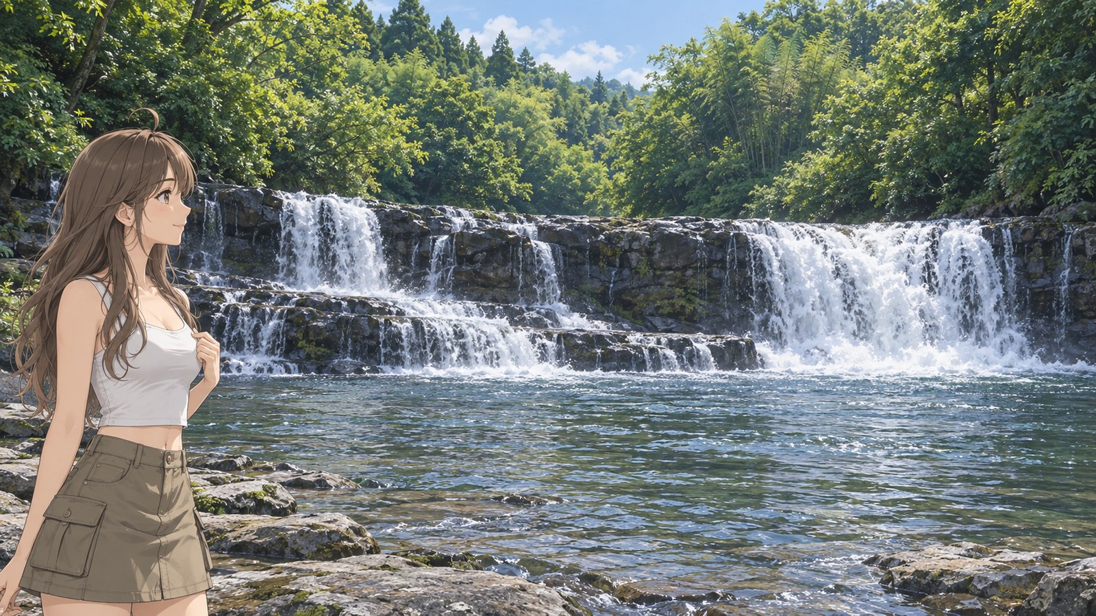 A woman in a white tank top and khaki miniskirt watches water spread across low rock ledges at Kurotaki, surrounded by trees. She holds the hem of her top with one hand.