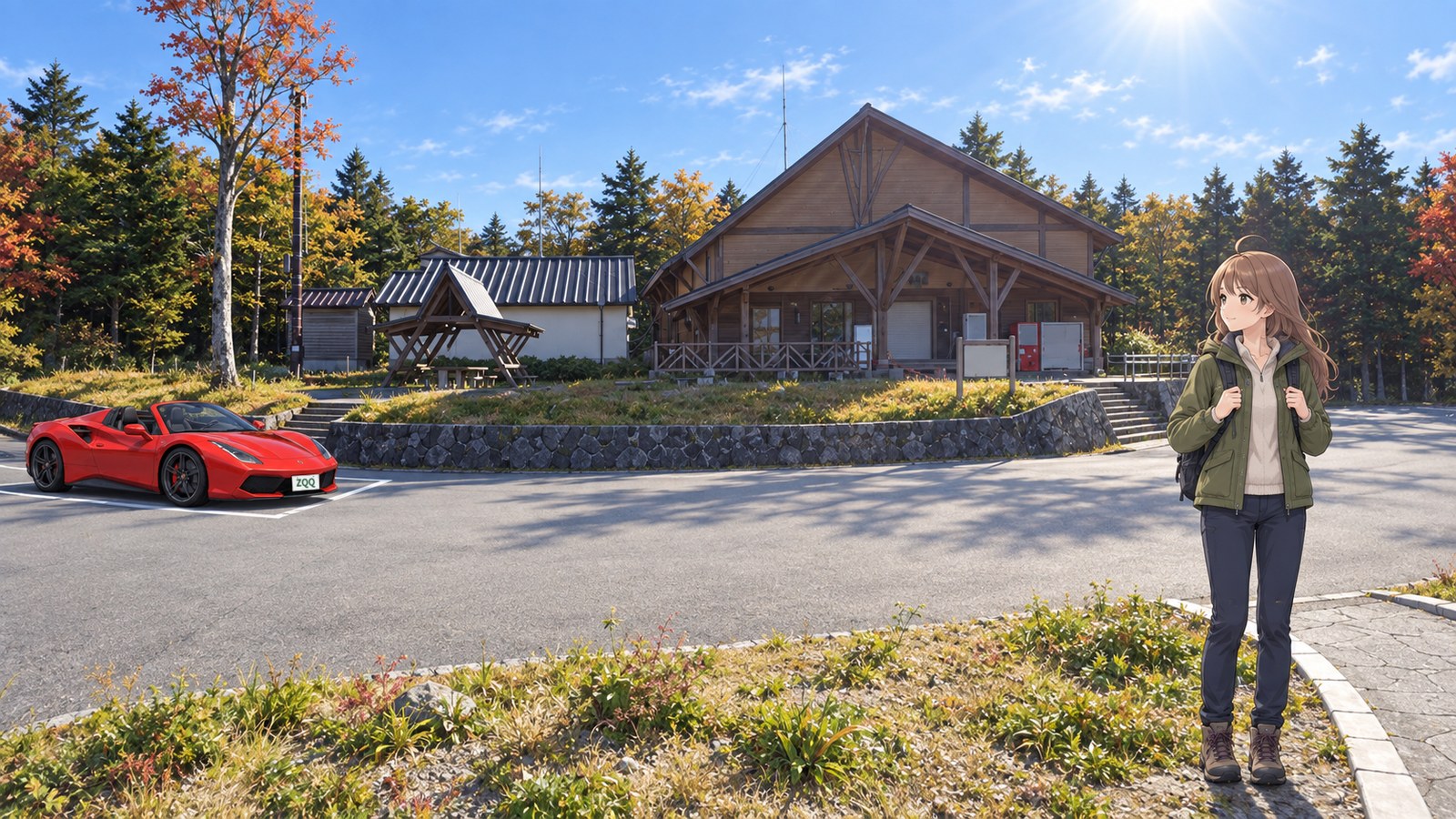 The wooden building and car park at the end of the Odaigahara Driveway. A woman in a green jacket, navy trousers, and hiking boots adjusts her backpack straps, with a red convertible parked in the background.
