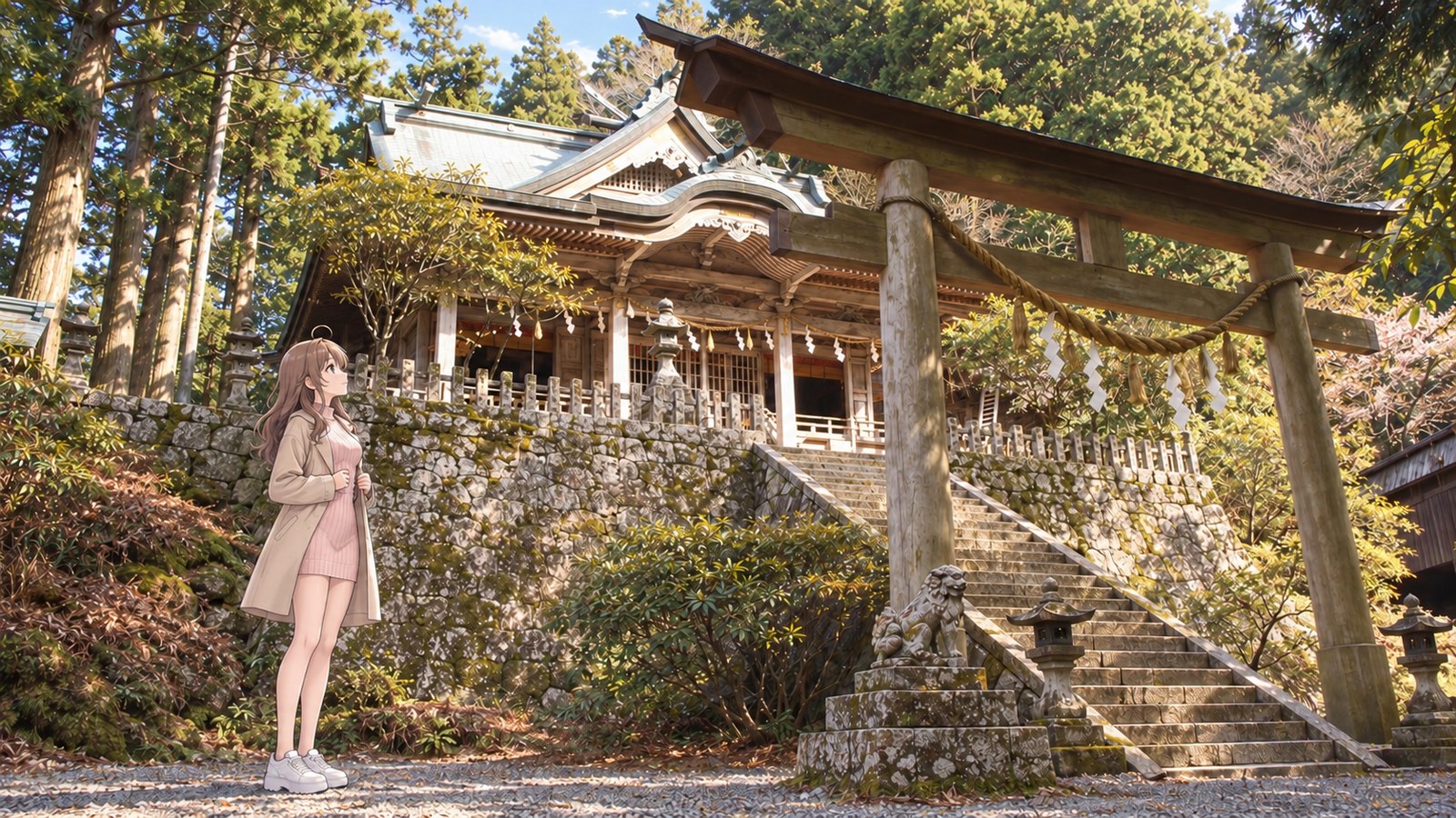 At Tamaki Shrine in spring, the narrator, wearing a pink dress and beige coat, looks up at the shrine buildings from in front of a torii gate and stone steps