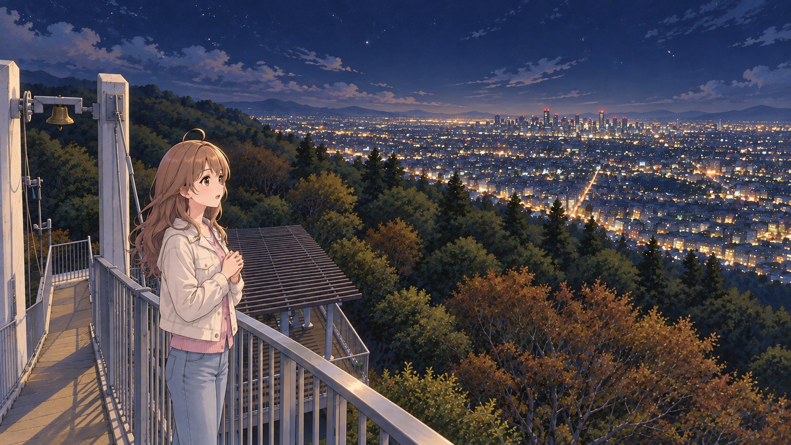 Kane no Naru Lookout on a spring night. At the upper-level lookout, the heroine in a pale jacket and jeans stands with her hands clasped at her chest, looking out over the Osaka Plain at night.