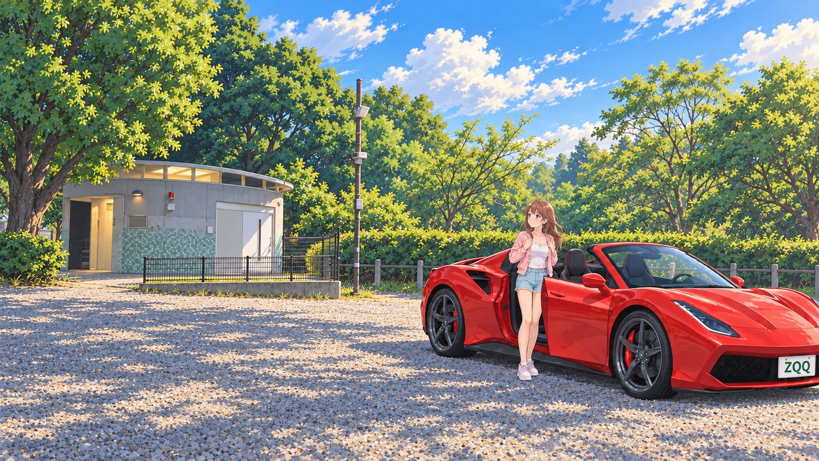 At Satsukidai’s gravel car park in spring, a woman in a pink cardigan and pale shorts looks toward the trees beside the open door of a red car.