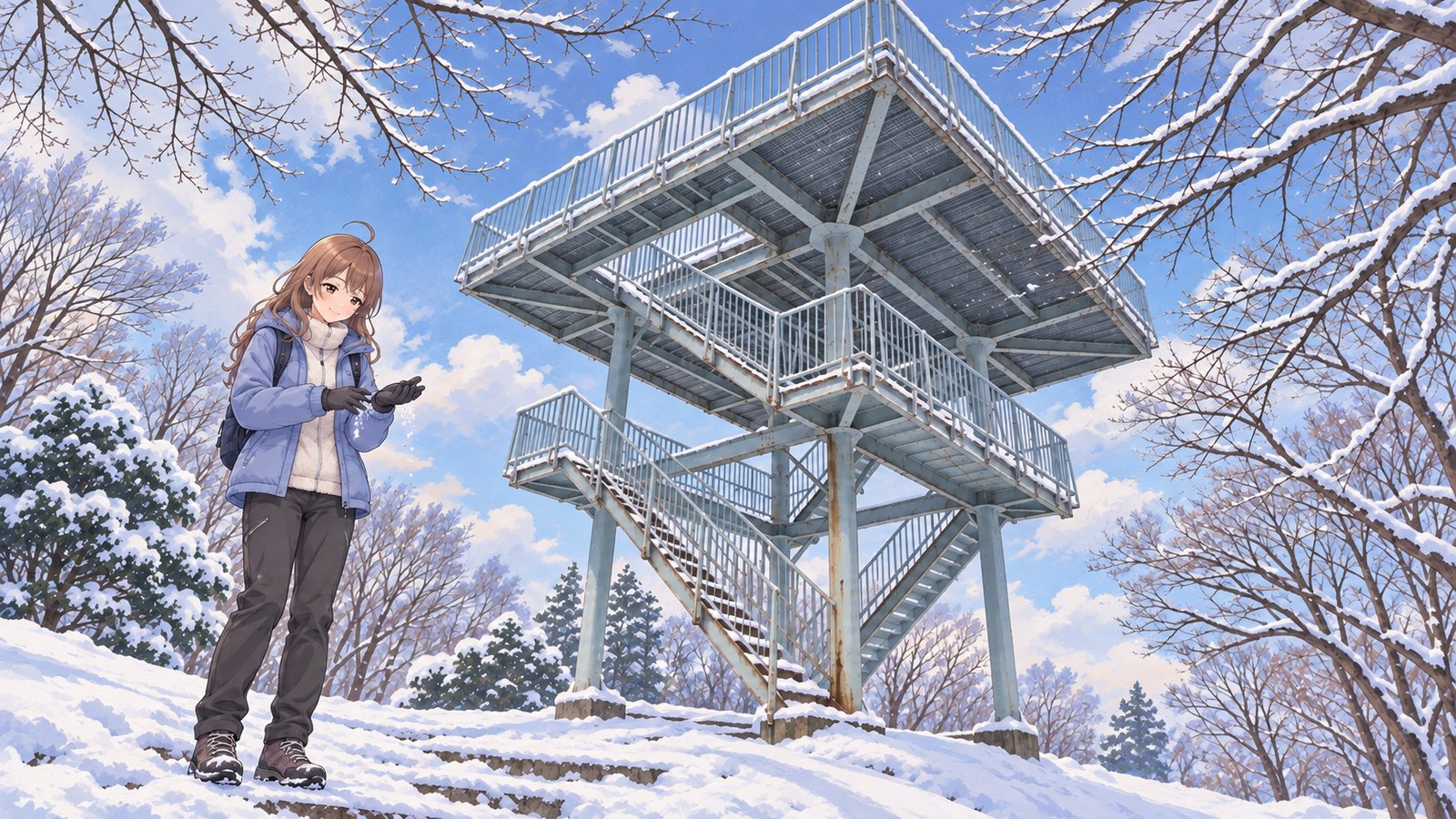 At Chihaya Park on snowy Mount Kongo, a woman in a blue winter jacket and trousers brushes snow from her gloves beneath the observation tower.