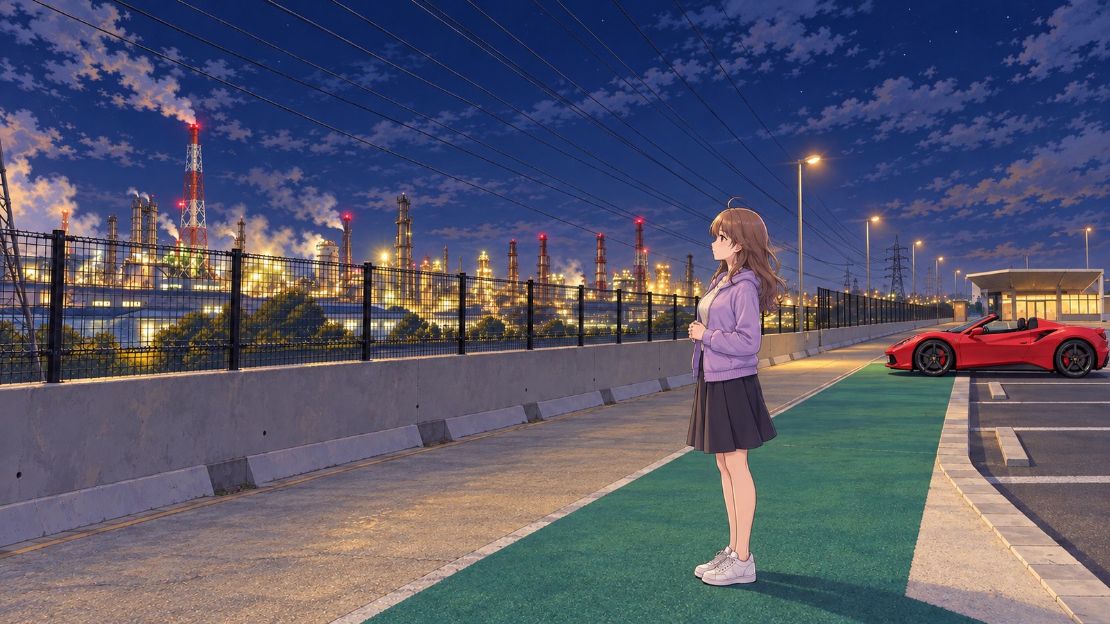 On an autumn night, I zip up my pale purple jacket on the green walkway at Takaishi Rest Area and look through the fence at the lights on factory towers and pipes.