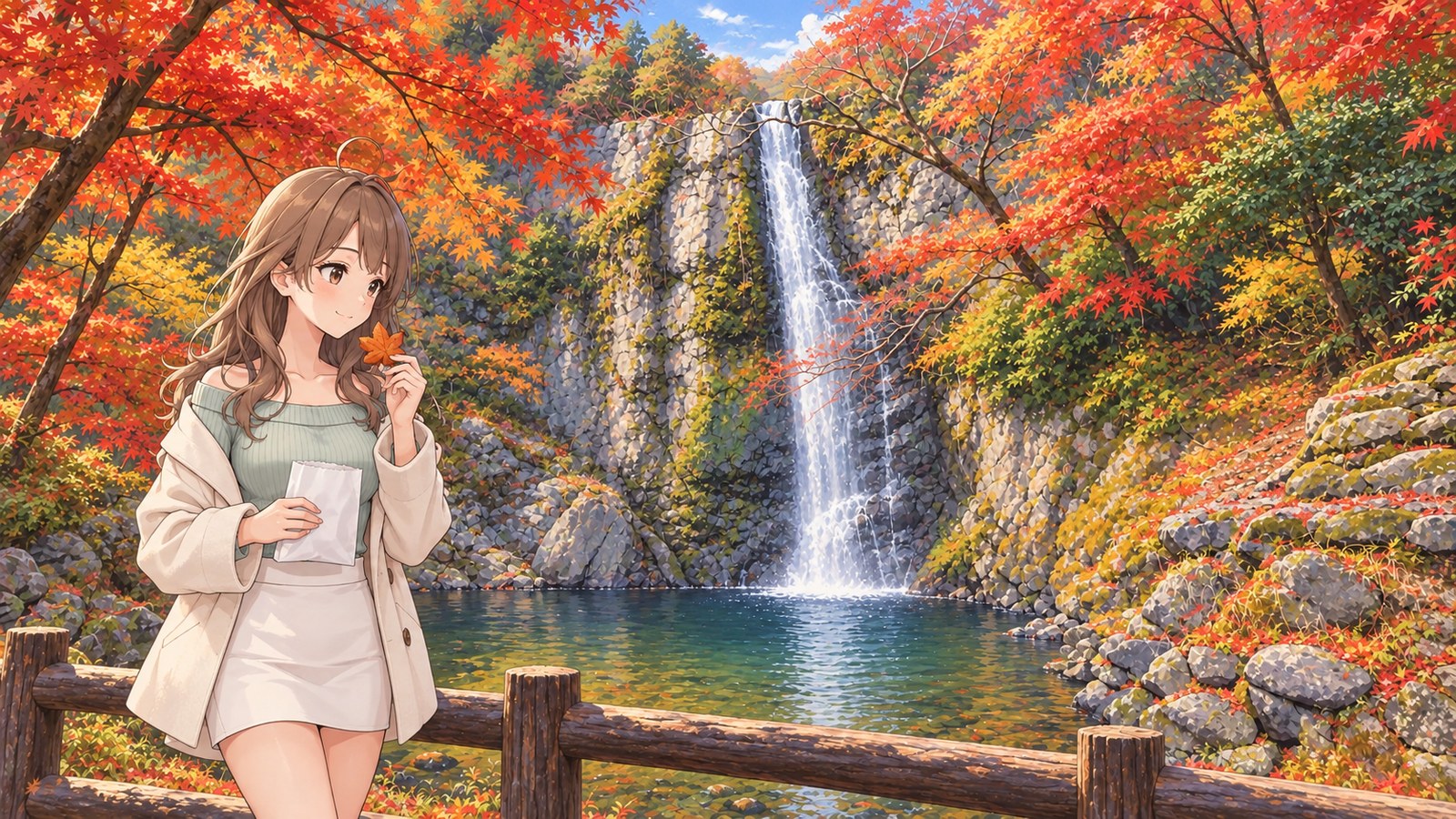 Me in front of Minoh Falls, surrounded by autumn leaves, wearing a cream coat and mint-green sweater and holding a piece of maple-leaf tempura from a paper bag up to my mouth