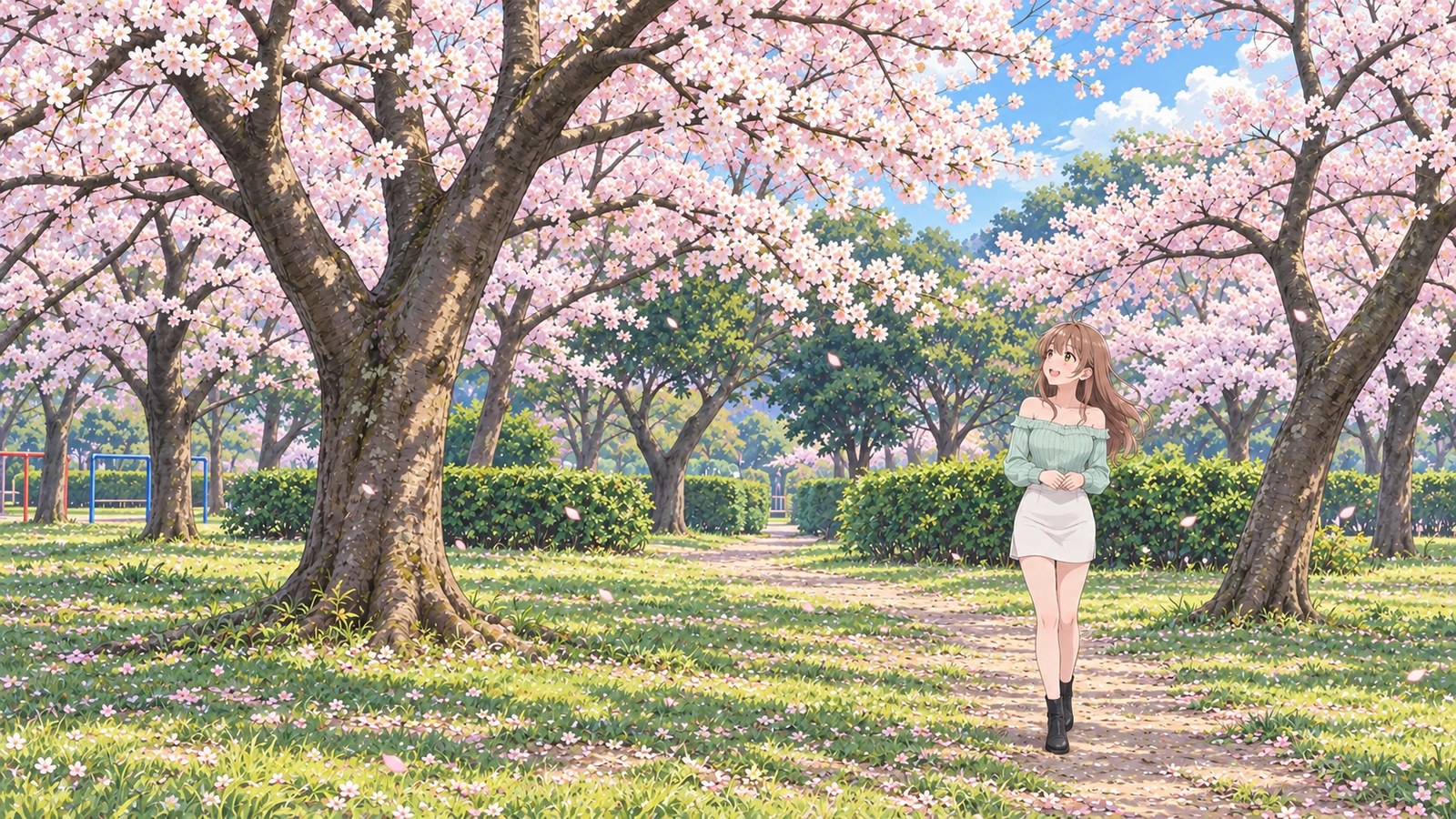 At Sakura Square in Settsukyō Park in spring, I stand on a grassy path looking up at the cherry blossoms, wearing a mint-green sweater, white skirt, and black boots, with my hands gathered in front of my waist
