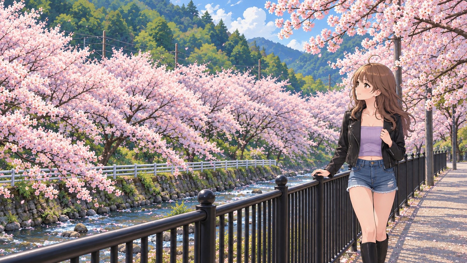 A woman in a black jacket, lavender top, and denim shorts rests one hand on a black railing and looks up at the branches beside the Yamanaka River, where cherry blossoms bloom on both banks.