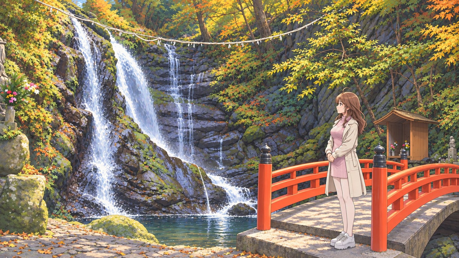 Beside Gyōja Falls and the vermilion bridge on Mount Inunaki, a woman in a pale pink dress, cream coat, tights, and white sneakers stands with her hands folded in front of her waist, gazing at the waterfall.