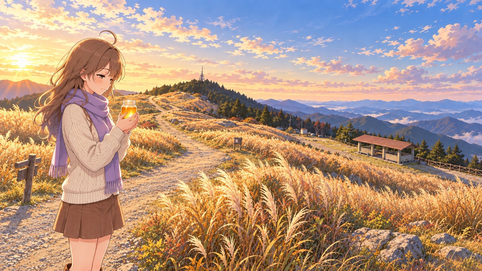 One November morning at Oishi Plateau, a woman stands on a path among the silver grass, wearing a cream-colored knit sweater and a pale purple scarf, and holding a small jar of honey in both hands.