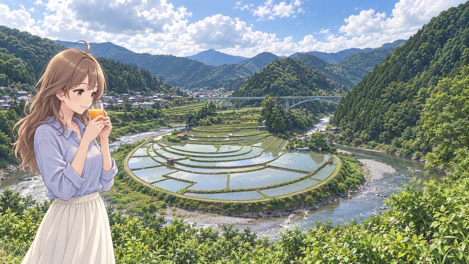 With Aragijima’s flooded May paddies behind me, I wear a pale blue shirt and an ivory skirt and hold a clear cup of mandarin juice to my lips