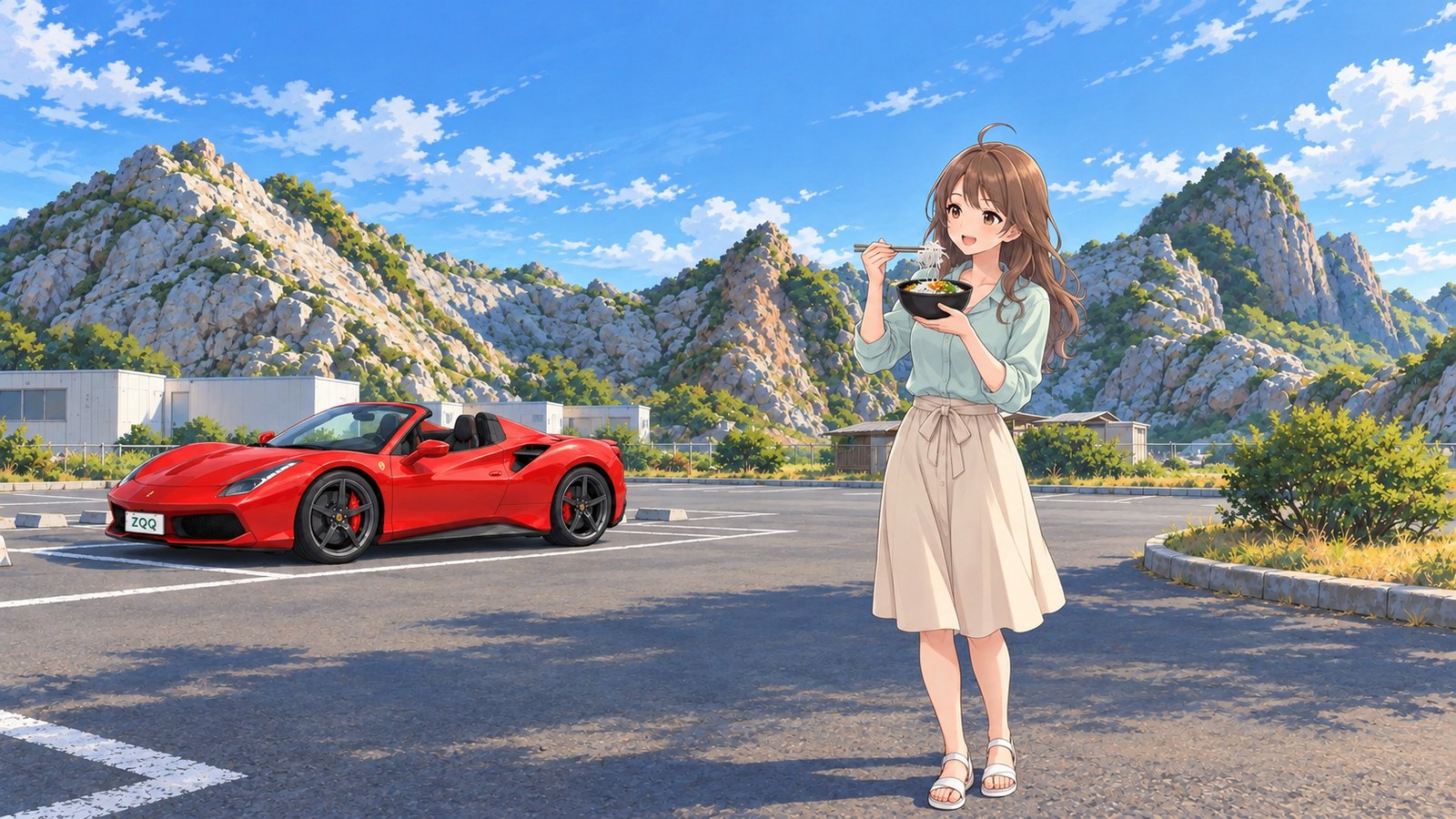 In summer at Shirasaki Ocean Park, I’m holding a whitebait rice bowl with my chopsticks raised, wearing a mint blouse and pale beige skirt. Behind me are the white limestone formations and my red car parked in a marked space.