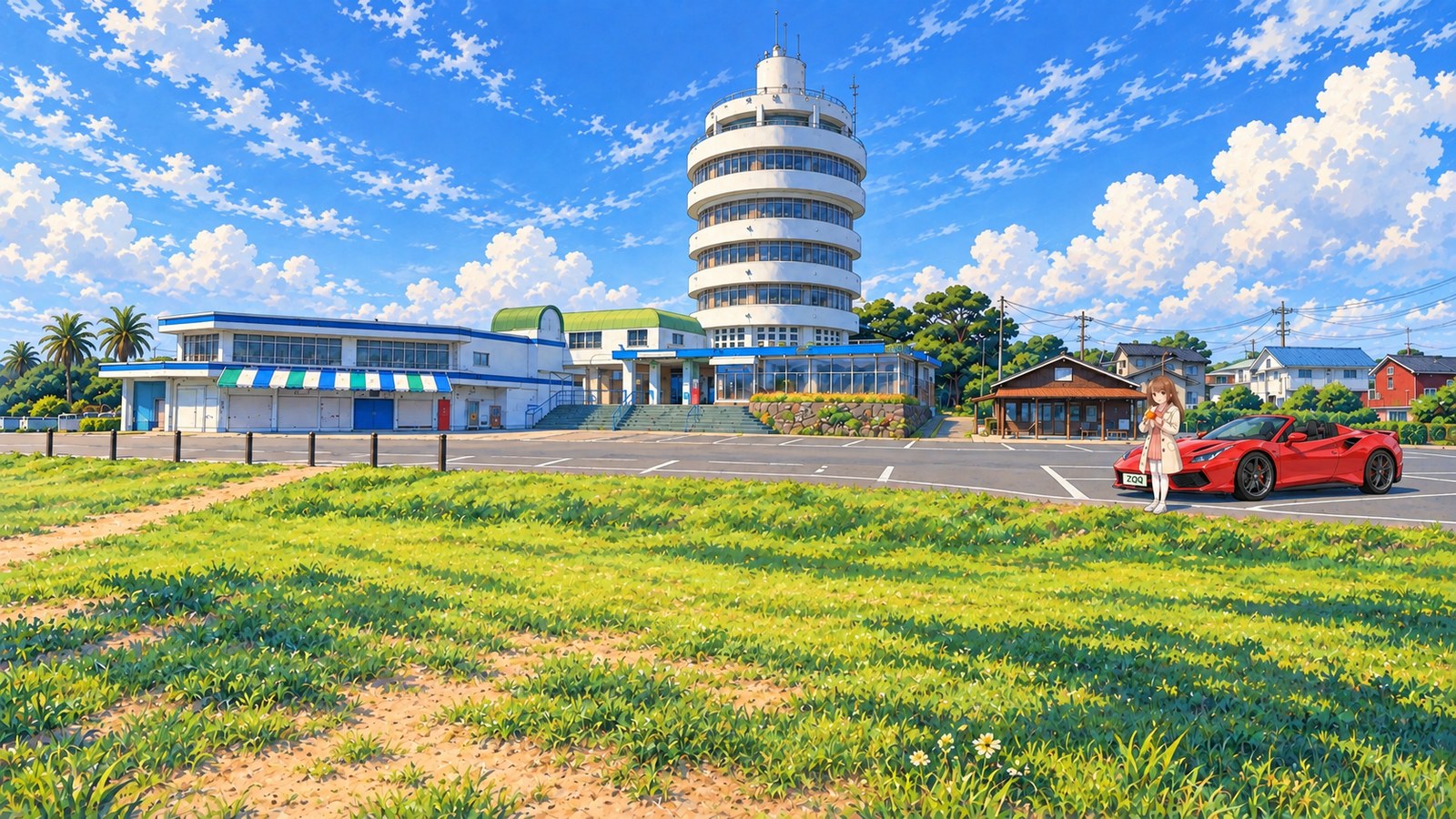 The white Shionomisaki Tourist Tower stands beyond Boro-no-Shiba’s winter grassland. In the car park in the background on the right, a woman in a cream coat stands beside a red car, holding a ponkan.