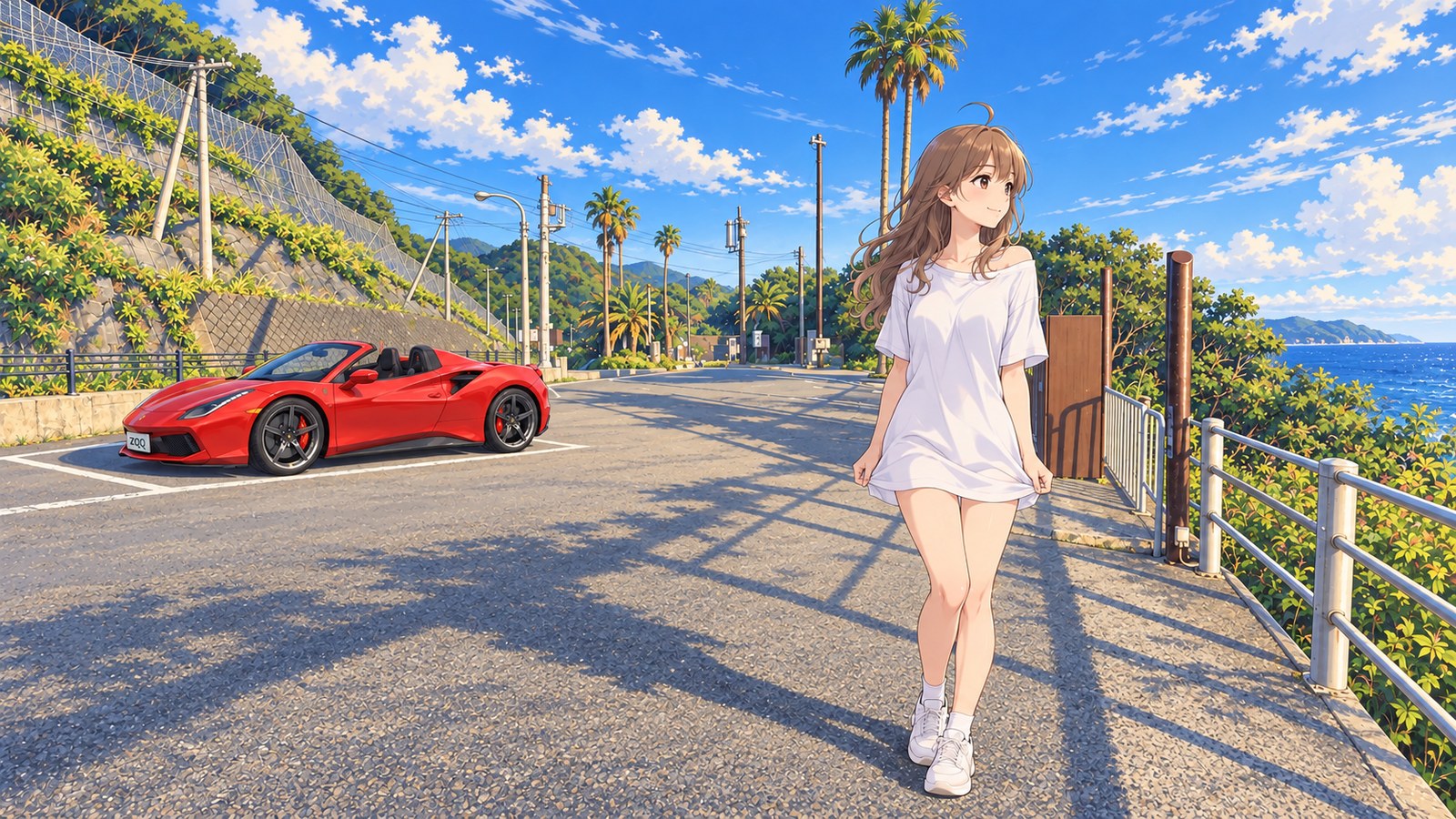 Early summer at Koibito Cape: a red car parked beside a slope on the left, palm trees farther back, and the sea beyond a fence on the right. A woman in a white T-shirt dress lightly holds the hem as she looks out to sea.