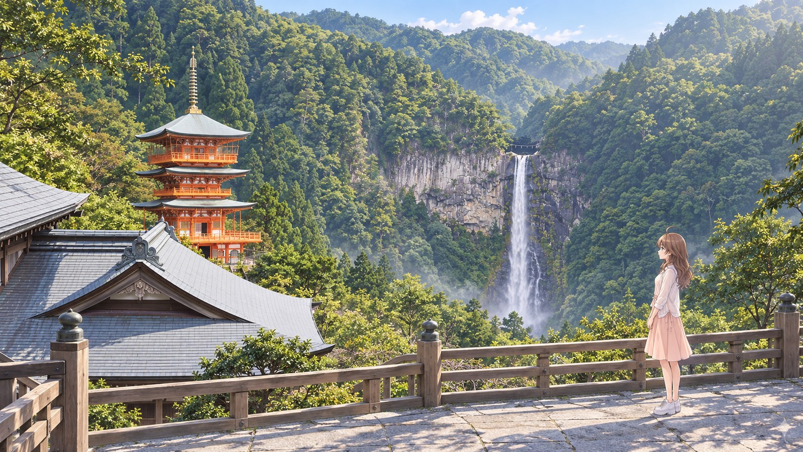 朱色の三重塔の奥に一筋に落ちる那智の滝。寺の境内で手を前に重ね、滝を見上げる主人公