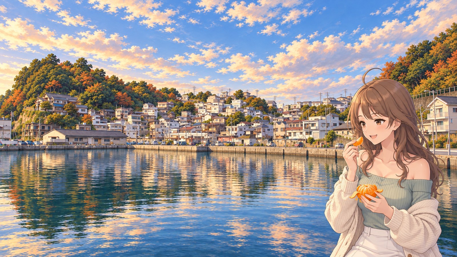 Across the harbour, houses climb the hillside at Saikazaki. A woman in a mint top and cream cardigan holds a peeled mandarin in one hand and raises a segment to her lips.