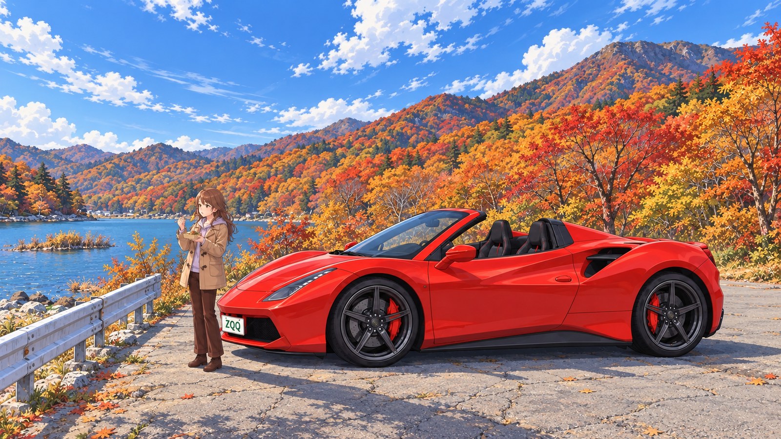 紅葉の山が大沼を囲む秋、湖畔の駐車場に停めた赤いオープンカーの横で、コートとパンツ姿の主人公が紙皿のワカサギフライを箸で食べる