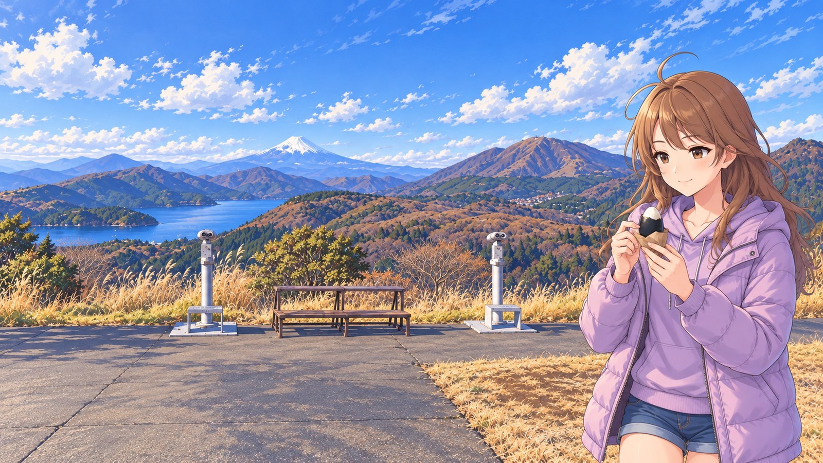 A woman in a lavender down jacket holds a white hard-boiled egg, partly peeled from its black shell, at Taikanzan’s paved observation area in winter. Lake Ashi and distant Mount Fuji are visible behind her.