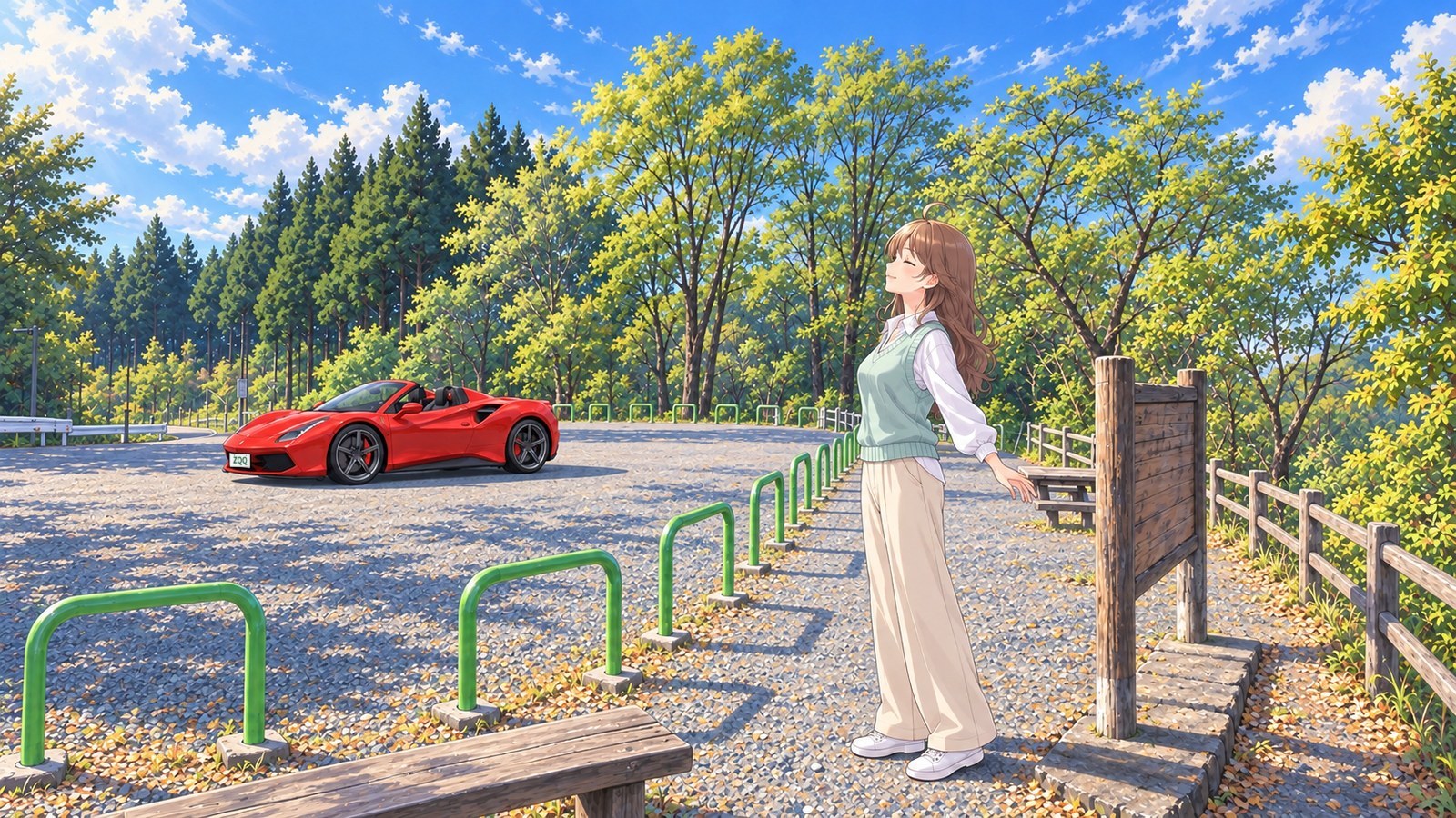 On the pedestrian path at Tsukiyomi Daiichi Car Park, surrounded by spring trees, a woman in a white blouse, mint-green vest and beige trousers closes her eyes and opens her arms slightly. Her red convertible is parked behind her.