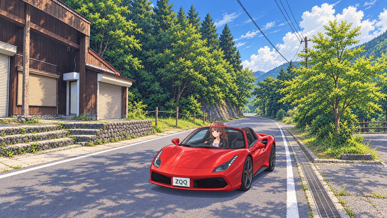 A woman in a black jacket drives a red convertible in front of a wooden shop and stone steps at Yabitsu Pass in spring.