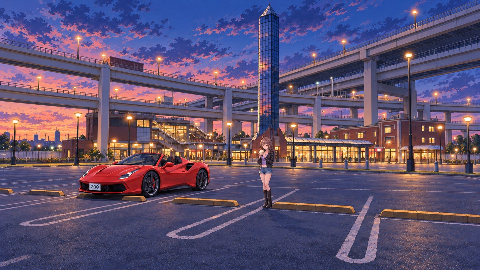 At Daikoku Expressway Rest Area after sunset, a woman holds a large pork bun in both hands in front of layered elevated roads and a building with a tower. Her red convertible is parked between the white lines.