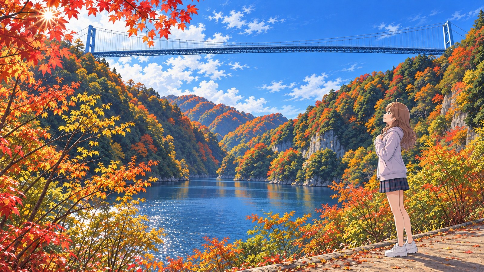 A woman in a pale hoodie and checked skirt looks up at the high Ryujin Suspension Bridge beside the Ryujin Dam reservoir, surrounded by autumn leaves.