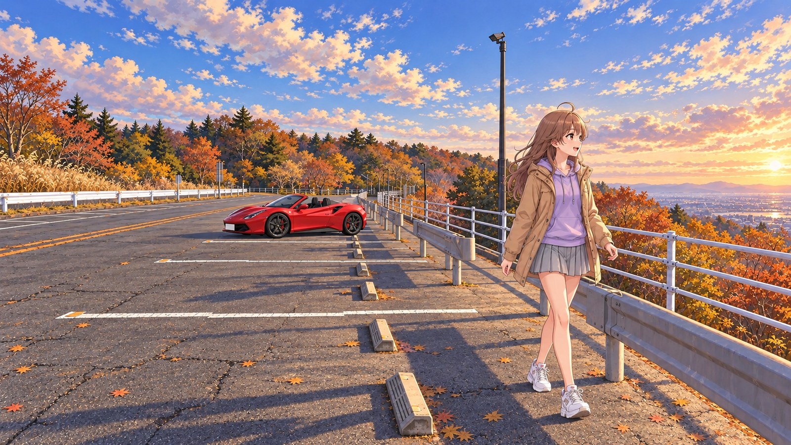 In autumn, a woman in a lavender hoodie and light brown jacket walks beside the white fence at Asahi Pass car park. A red car is parked in the background.