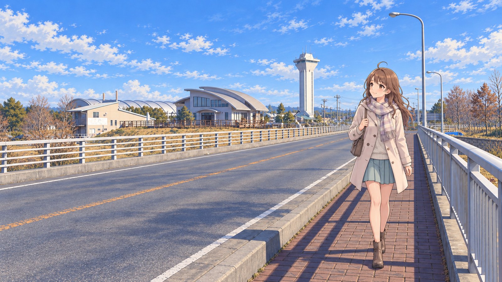 A woman in a pale coat and scarf walks along the east-side walkway of Kasumigaura Bridge; a tower and a round-roofed building are visible by the bridge.