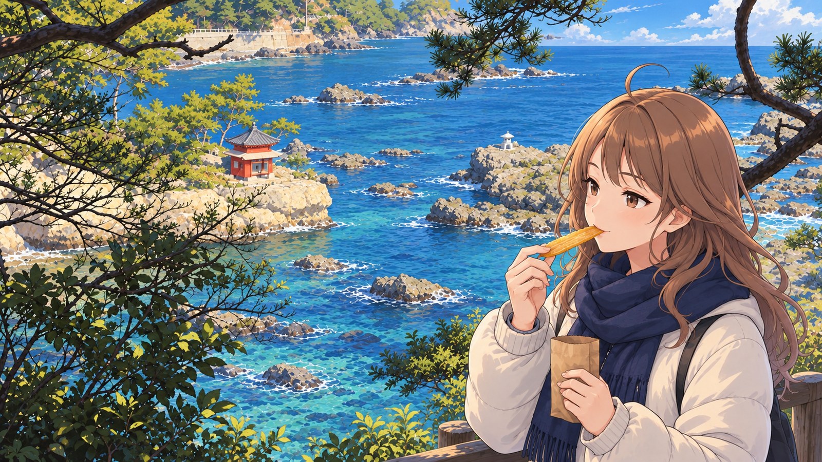 At Izura Cape Park, a woman in a cream-colored coat and navy scarf eats dried sweet potato. Rokkakudō and the inlet are visible through the pine branches.