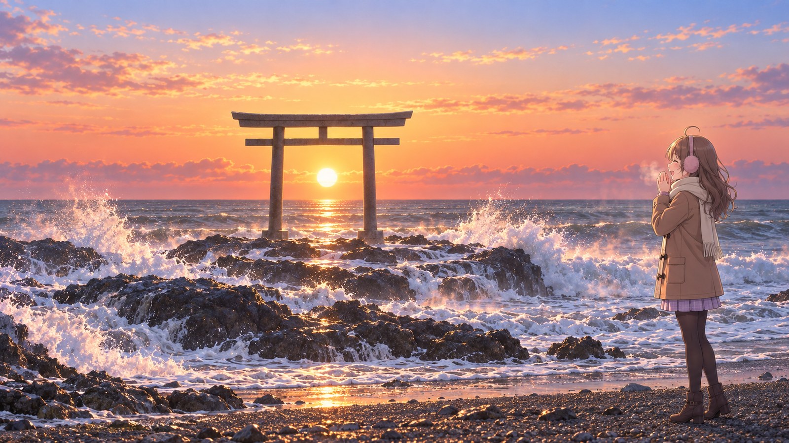 岩礁に立つ神磯の鳥居の間から昇る朝日と砕ける白波。手を合わせて朝日に祈り、白い息をはく主人公