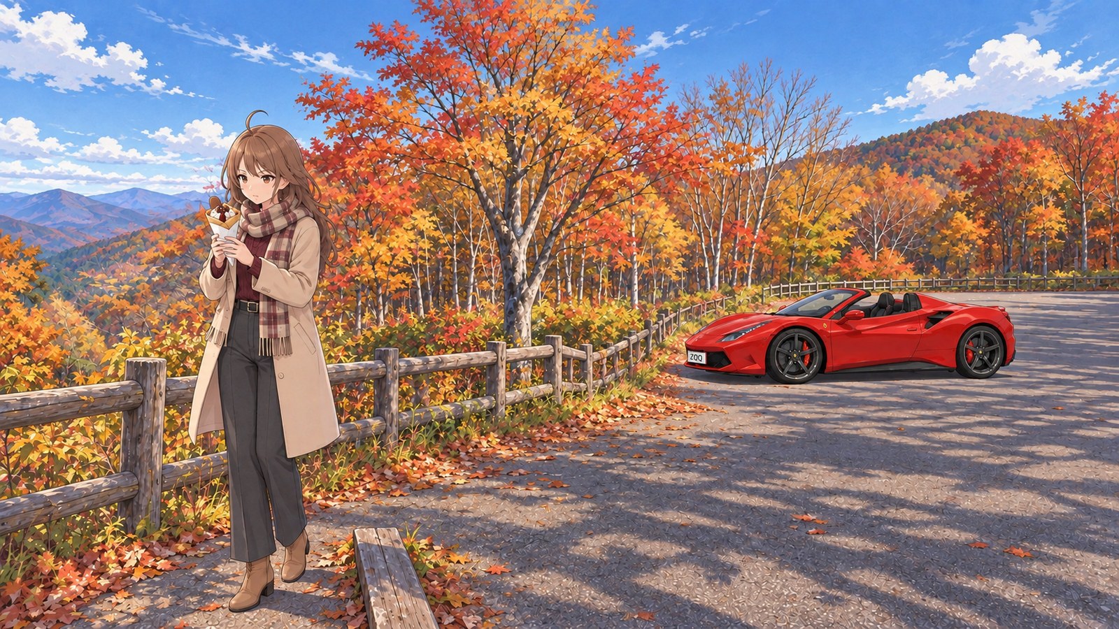 A woman in a coat and checked scarf holds a tote-yaki inside the wooden fence at Fujimidai on the Nichien Momiji Line in autumn. Her red car is parked in the car park in the background.