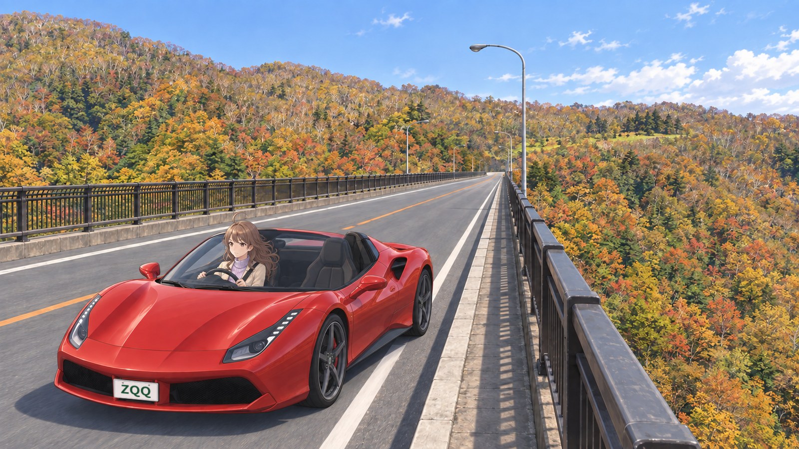 The narrator drives a red convertible across Roppōzawa Bridge in autumn. She wears a pale jacket over a lavender top and holds the wheel with both hands.