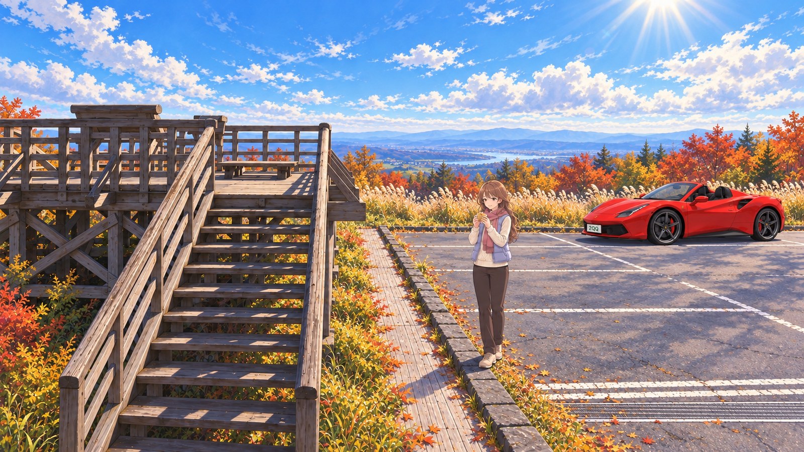 Beside the wooden lookout at Omaru Grounds in autumn, a woman in a pale vest and scarf holds a sweet bun. Her red car and Nasunogahara Plain are visible in the distance.