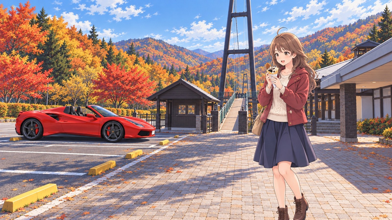 A woman in a red jacket and navy skirt holds a tote-yaki at the entrance to Momijidani Suspension Bridge amid autumn leaves; a red car is parked in a bay behind her.