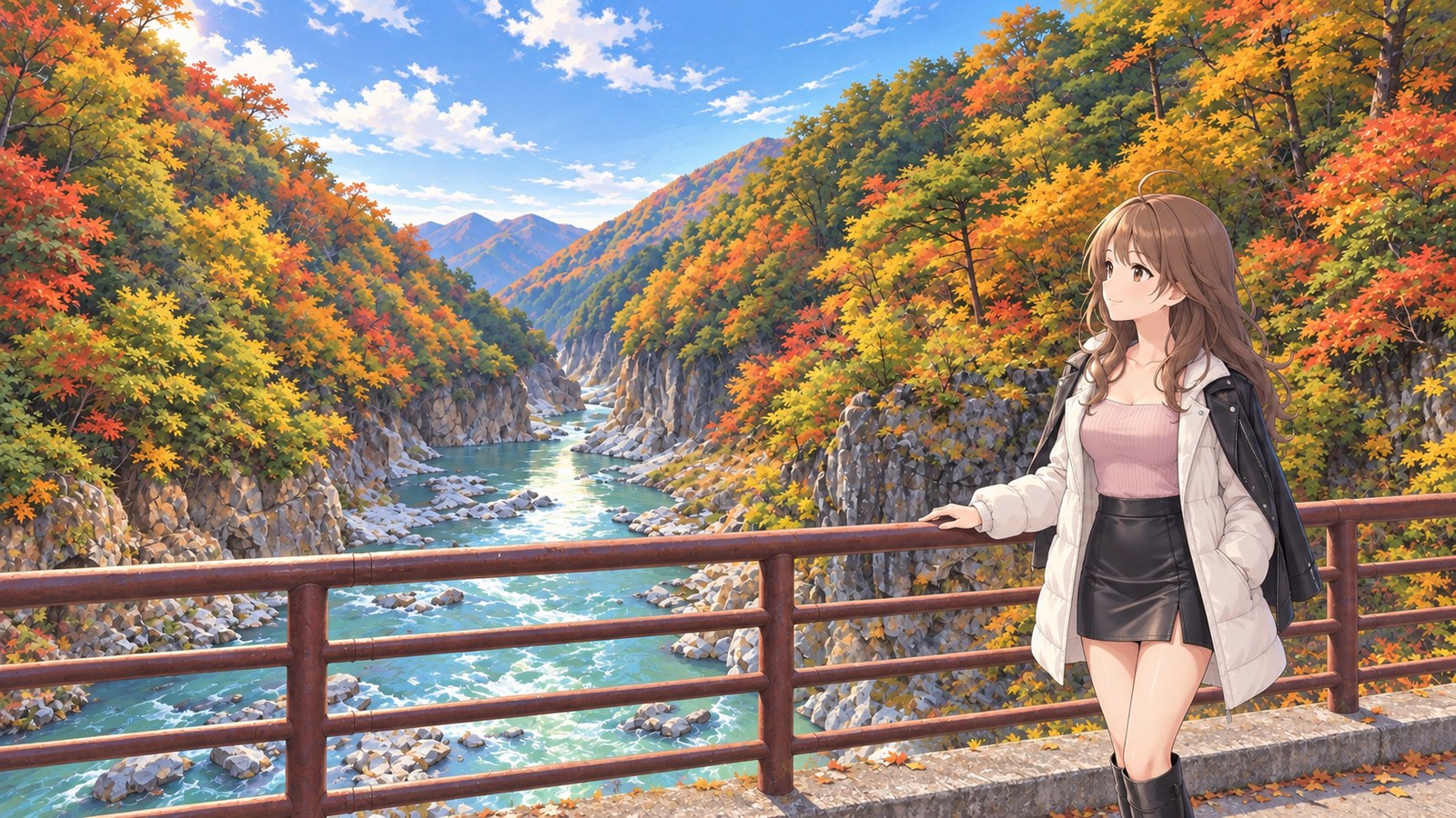 On Nijimi Bridge in autumn, a woman in a white jacket and pink top looks upstream along the Kinu River from behind the brown railing.