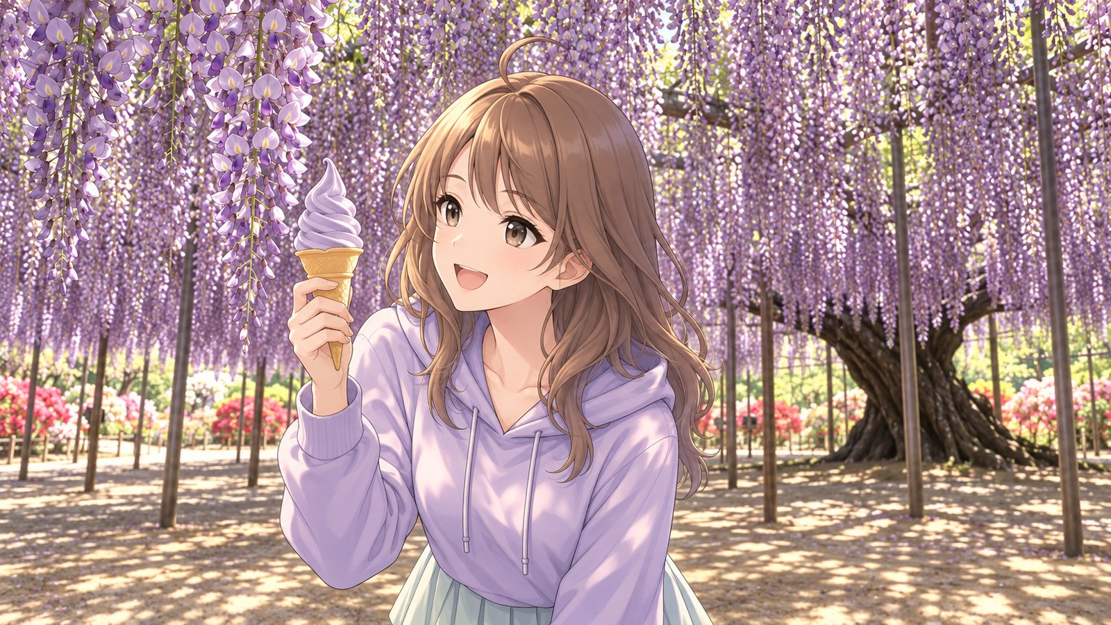 棚から垂れる紫の大藤の下で、藤色のソフトクリームを花房の隣にかざして見比べ、笑う主人公