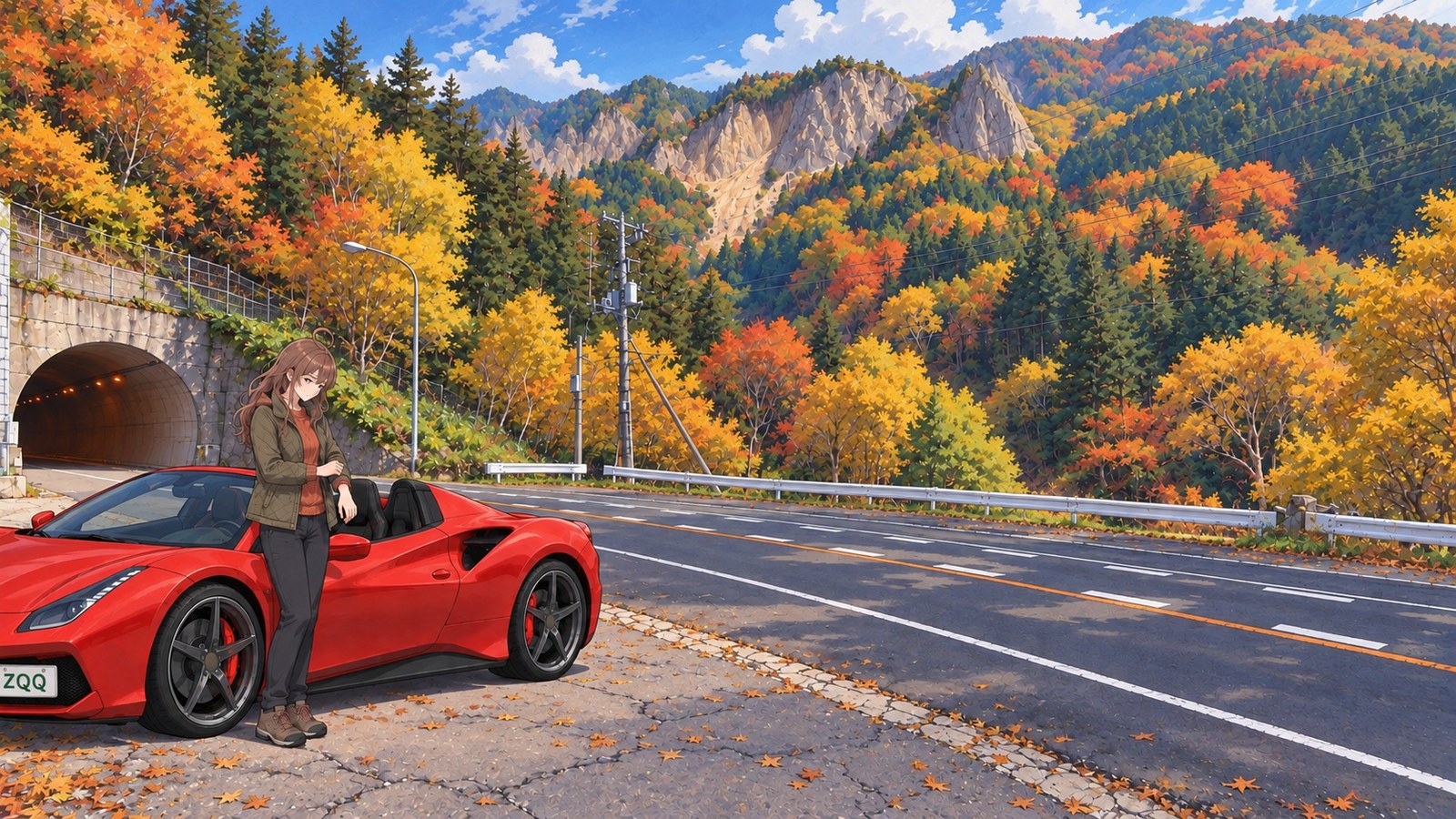 At the paved car park by the east entrance to Konsei Tunnel, a woman in an olive jacket and brown knit top adjusts her sleeve beside a red car, with autumn leaves and a rocky mountain in view