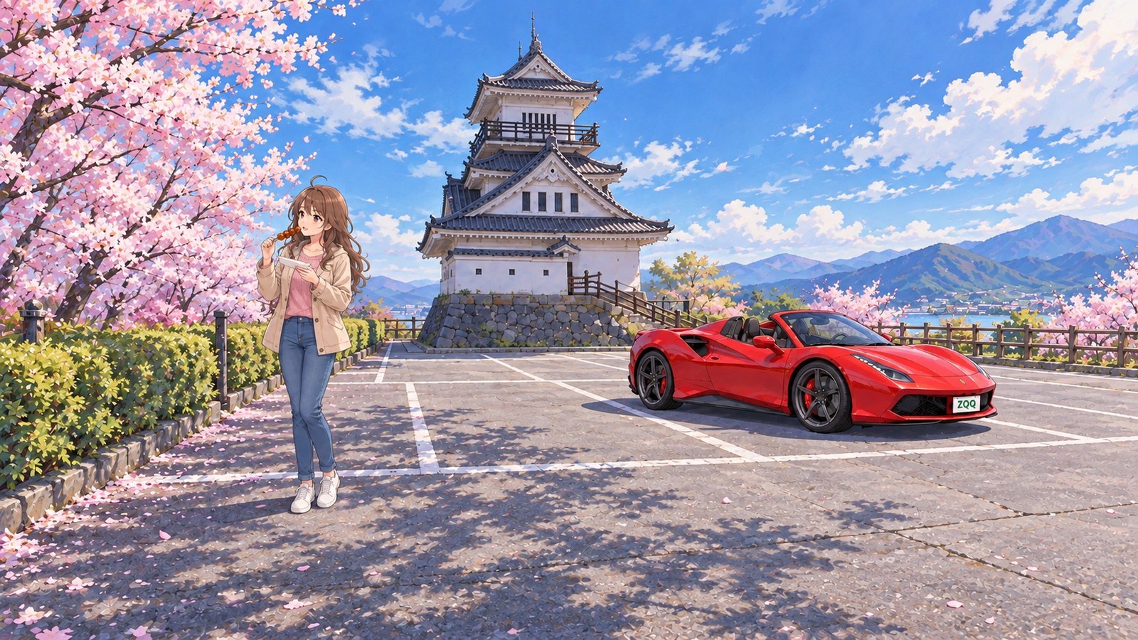 A woman in a beige coat and pink sweater eats a skewer of grilled miso-glazed buns in front of the castle-shaped lookout on Mount Ushifuse, with cherry blossoms in bloom. A red car is parked behind her.