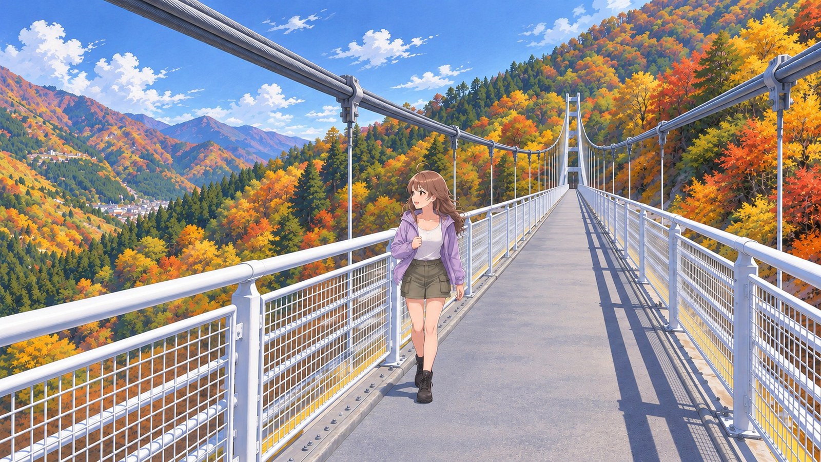 A woman in a pale purple jacket, khaki skirt and black boots walks beside the white railings of Ueno Skybridge, above an autumn-coloured valley.