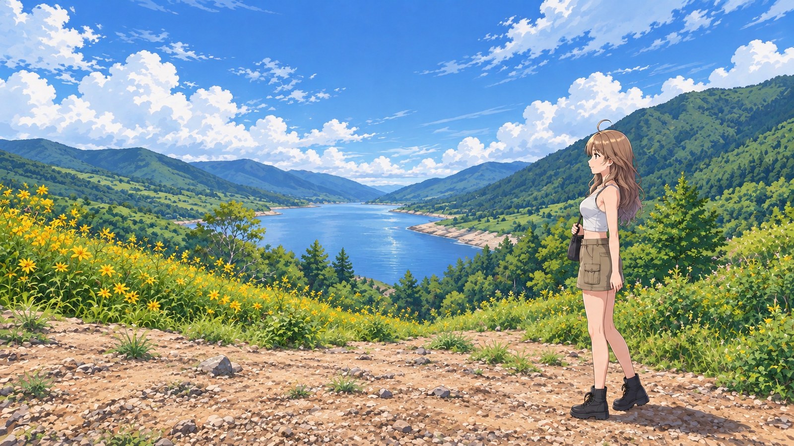A stone-strewn path overlooking Lake Nozori in summer. A woman in a white top, khaki skirt and black boots looks out over a slope dotted with yellow flowers.