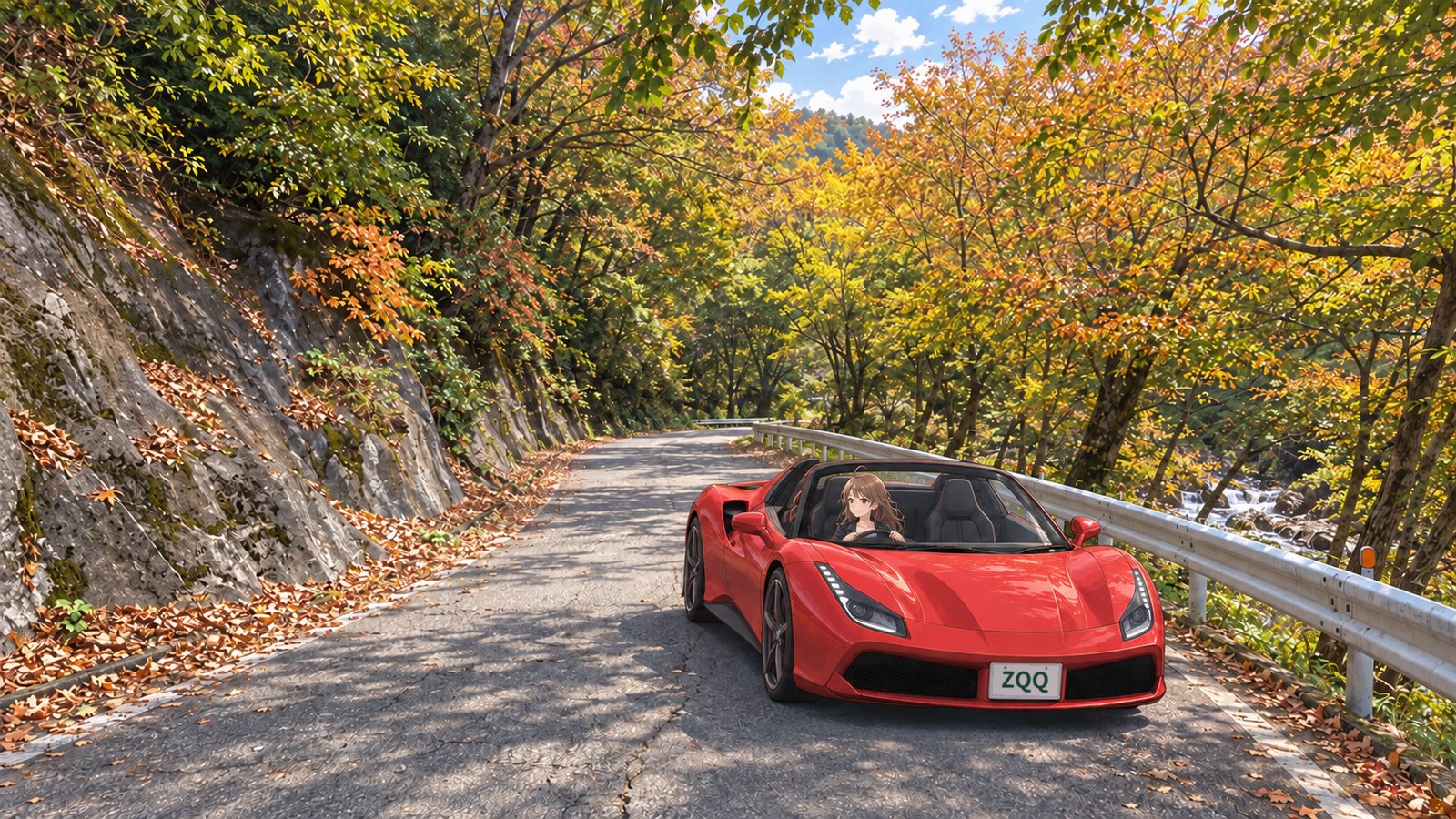 A woman drives a red convertible along a road in autumnal Terihakyō Gorge, with a rocky slope on the left and a guardrail and river on the right; autumn branches stretch overhead.