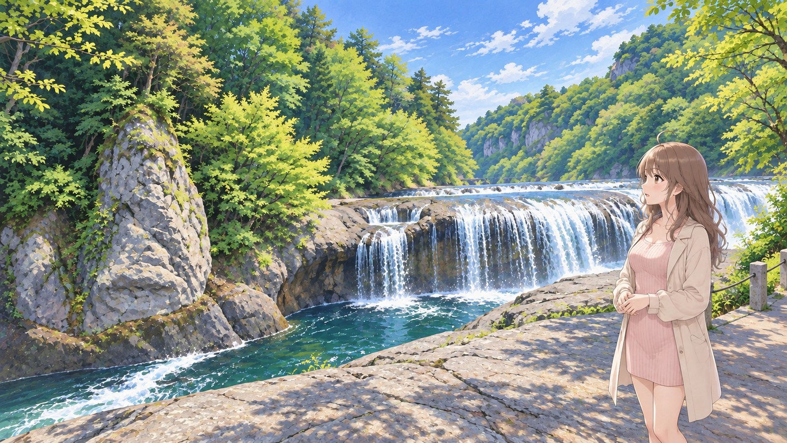 A woman in a pale pink dress and beige coat stands with her hands clasped in front of her waist, looking out at Fukiware Falls from the walking path, surrounded by fresh green leaves.