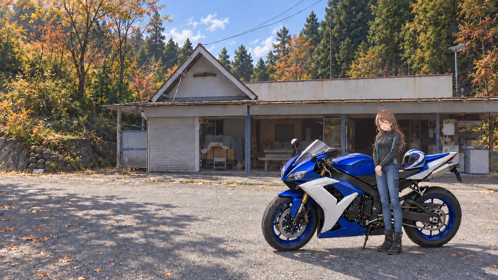 The rider standing beside her blue-and-white motorcycle outside the tea house at Sadamine Pass in autumn, yawning. She wears a dark riding jacket and jeans, and her helmet rests on the seat.