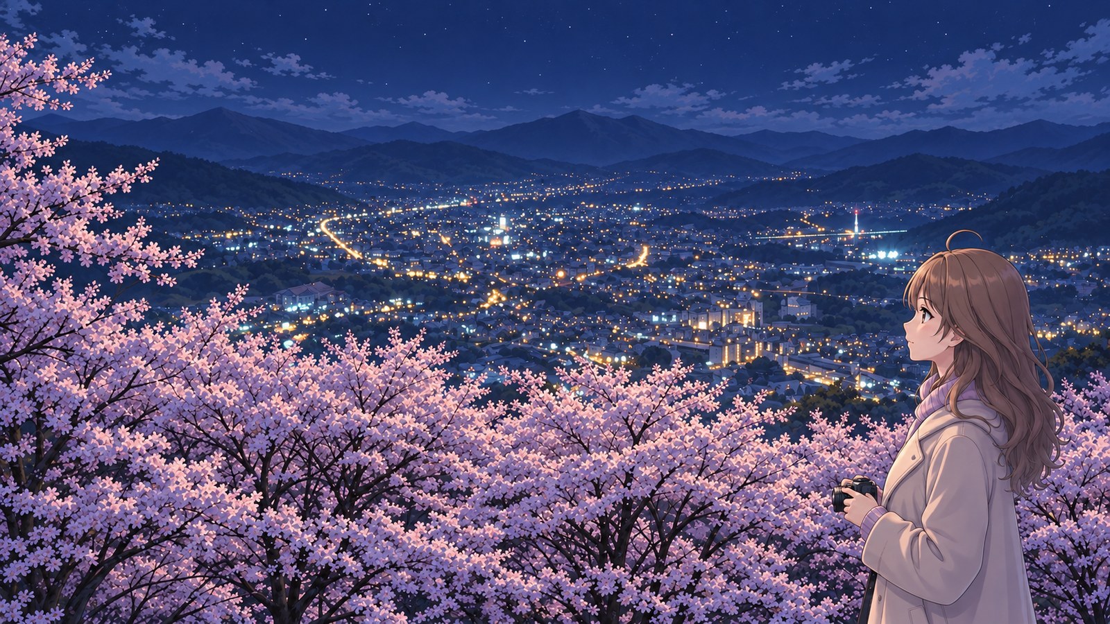 A night view from Minoyama Park, with cherry branches framing Chichibu’s city lights and the surrounding mountains. A woman in a white coat and pale lilac sweater holds a camera and takes in the view.